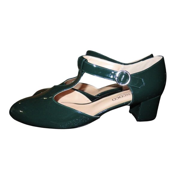 SOLD MODENCOCO Round Toe Green Patent Leather Buckle T Strap Chunky Heel 13 - Picture 1 of 10